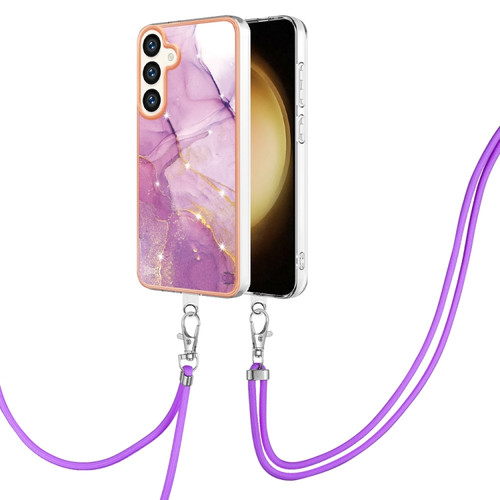 Electroplating Marble Dual-side IMD Phone Case with Lanyard for Samsung Galaxy S24 5G - Purple 001