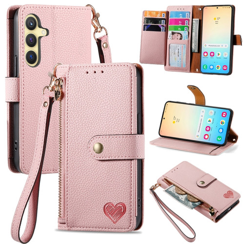 Love Zipper Lanyard Leather Phone Case for Samsung Galaxy S24 5G - Pink