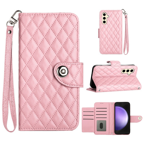 Rhombic Texture Flip Leather Phone Case with Lanyard for Samsung Galaxy S24 5G - Pink