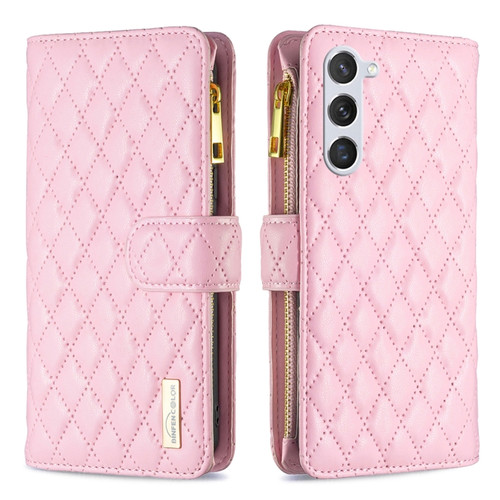 Diamond Lattice Zipper Wallet Leather Flip Phone Case for Samsung Galaxy S24 5G - Pink