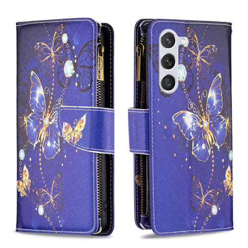 Colored Drawing Pattern Zipper Leather Phone Case for Samsung Galaxy S24 5G - Purple Butterfly