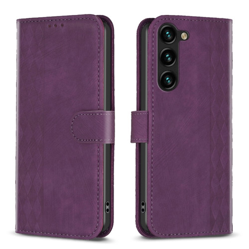 Plaid Embossed Leather Phone Case for Samsung Galaxy S24 5G - Purple