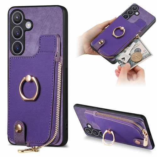 Cross Leather Ring Vertical Zipper Wallet Back Phone Case for Samsung Galaxy S24 5G - Purple