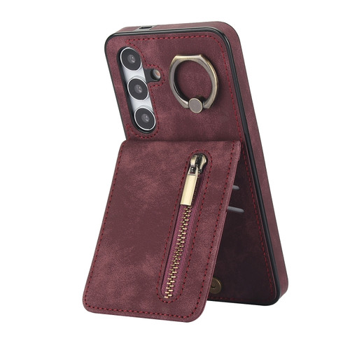 Retro Ring and Zipper RFID Card Slot Phone Case for Samsung Galaxy S24 5G - Wine Red