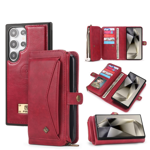 Multi-functional Zipper Wallet Leather Phone Case for Samsung Galaxy S24 5G - Red