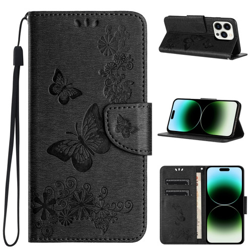 Butterfly Embossed Flip Leather Phone Case for iPhone 15 Pro Max - Black