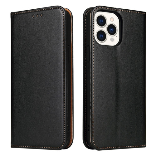 Fierre Shann PU Genuine Leather Texture Phone Case for iPhone 15 Pro Max - Black