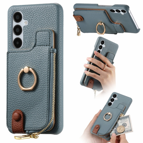 Litchi Leather Oil Edge Ring Zipper Wallet Back Phone Case for Samsung Galaxy A15 - Blue