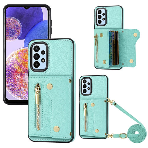 DF-09 Crossbody Litchi texture Card Bag Design PU Phone Case for Samsung Galaxy A15 - Cyan