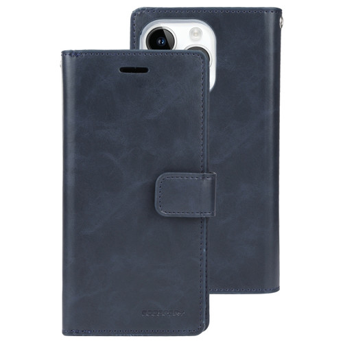 GOOSPERY MANSOOR DIARY 9 Card Slots Leather Phone Case for iPhone 15 Pro Max - Dark Blue