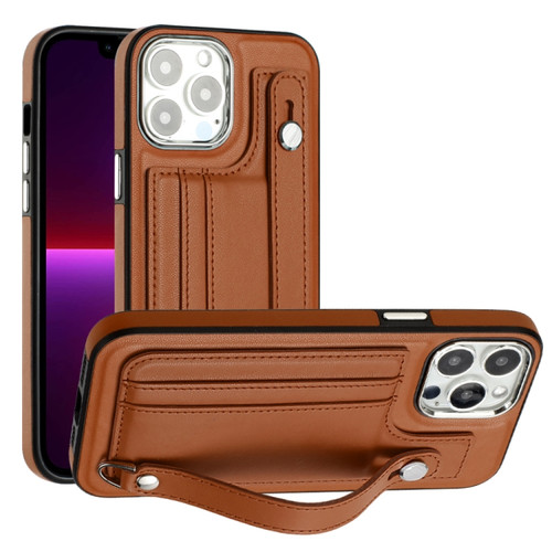 Shockproof Leather Phone Case with Wrist Strap for iPhone 15 Pro Max - Brown