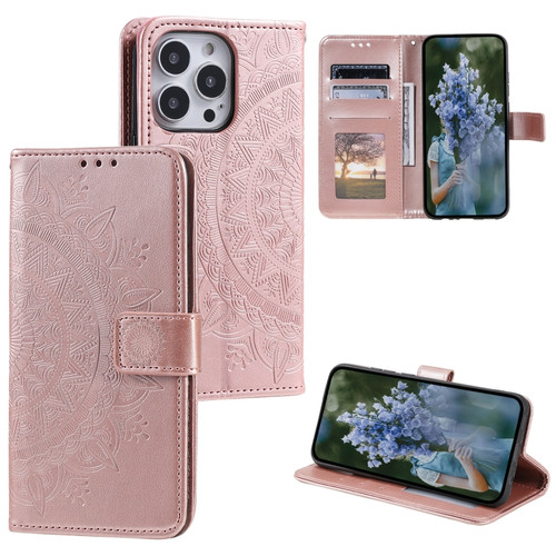 Totem Flower Embossed Leather Phone Case for iPhone 15 Pro Max - Rose Gold