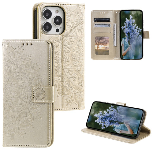 Totem Flower Embossed Leather Phone Case for iPhone 15 Pro Max - Gold