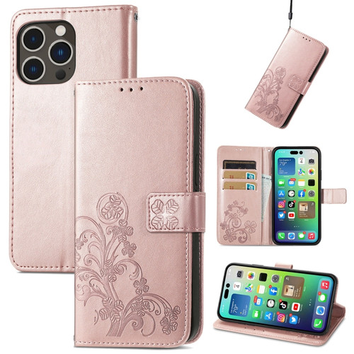 Four-leaf Clasp Embossed Buckle Leather Phone Case for iPhone 15 Pro Max - Rose Gold