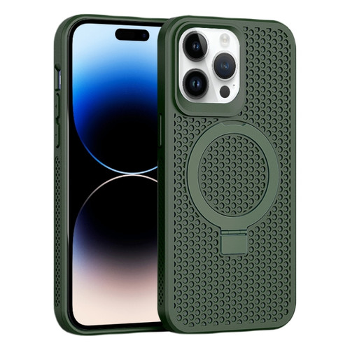 Skin Feel PC+TPU Cooling Magnetic Magsafe Phone Case with Stand for iPhone 15 Pro Max - Dark Green