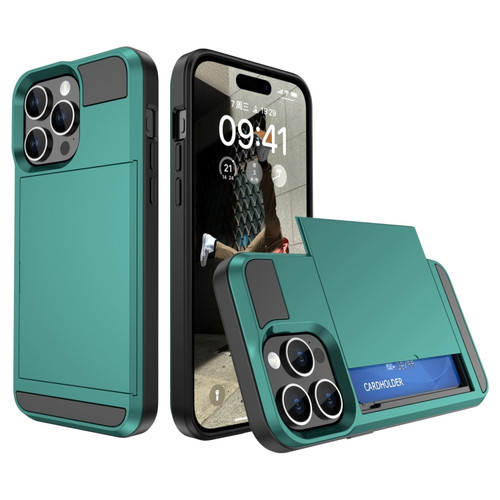 Multifunction Armor Slide Card Slot Phone Case for iPhone 15 Pro Max - Green Lake