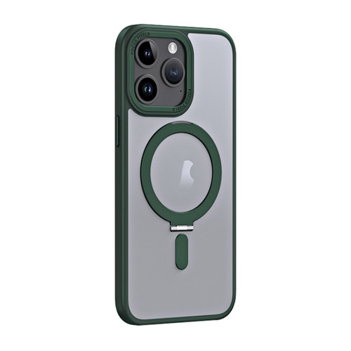 Skin Feel MagSafe Shockproof Phone Case with Holder for iPhone 15 Pro Max - Dark Green