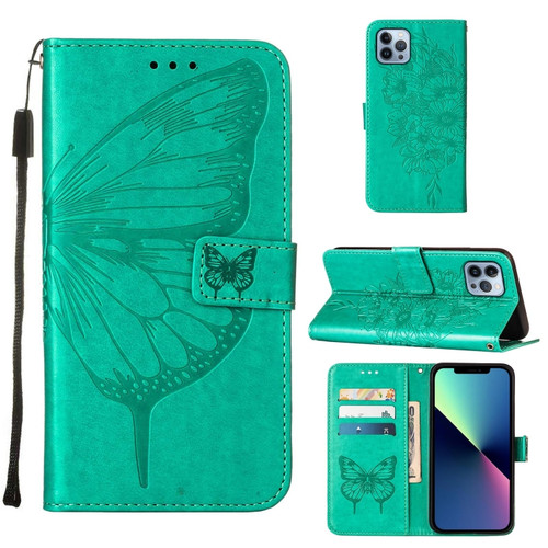 Embossed Butterfly Leather Phone Case for iPhone 15 Pro Max - Green