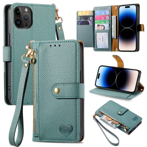 Love Zipper Lanyard Leather Phone Case for iPhone 15 Pro Max - Green