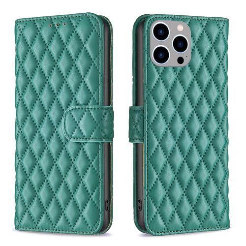 Diamond Lattice Wallet Flip Leather Phone Case for iPhone 15 Pro Max - Green