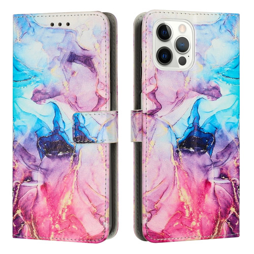 Painted Marble Pattern Leather Phone Case for iPhone 15 Pro Max - Pink Purple