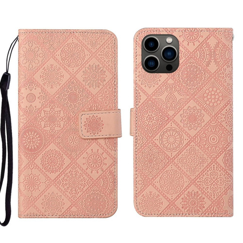 Ethnic Style Embossed Pattern Leather Phone Case for iPhone 15 Pro Max - Pink