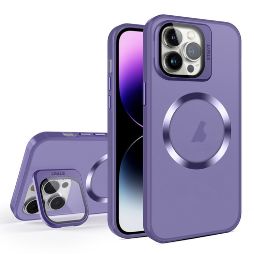 Skin Feel CD Texture MagSafe Lens Holder Phone Case for iPhone 15 Pro Max - Dark Purple