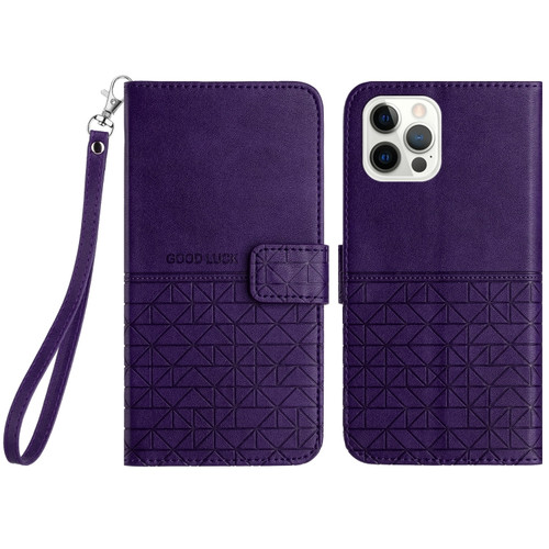 Rhombic Texture Leather Phone Case with Lanyard for iPhone 15 Pro Max - Purple