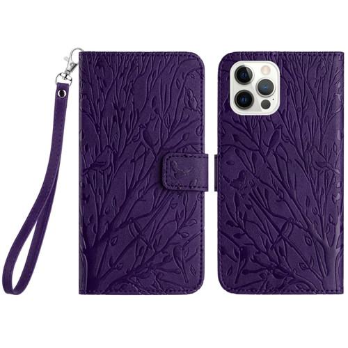 Tree Birds Embossed Pattern Leather Phone Case for iPhone 15 Pro Max - Purple