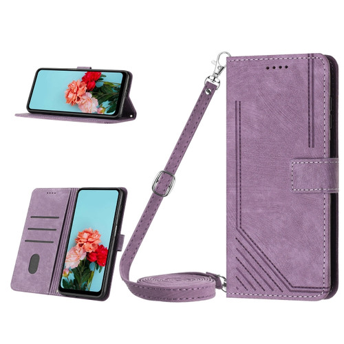 Skin Feel Stripe Pattern Leather Phone Case with Lanyard for iPhone 15 Pro Max - Purple