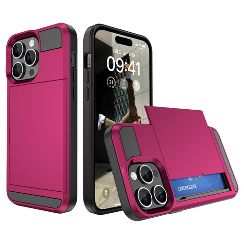 Multifunction Armor Slide Card Slot Phone Case for iPhone 15 Pro Max - Rose Red