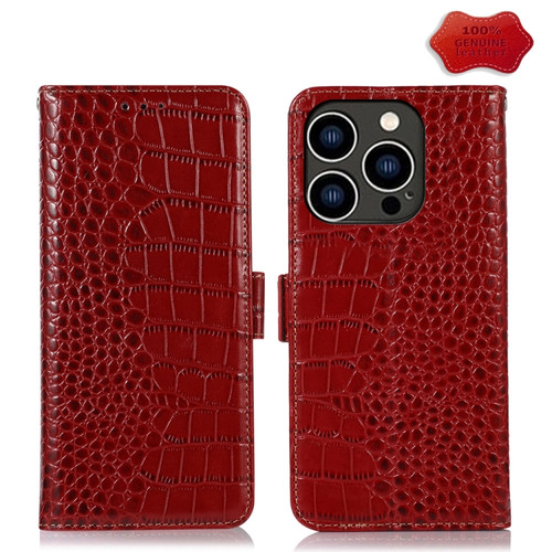 Crocodile Top Layer Cowhide Leather Phone Case for iPhone 15 Pro Max - Red