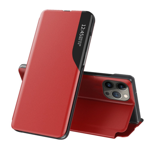 Side Display Flip Leather Phone Case for iPhone 15 Pro Max - Red