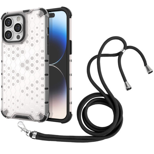 Lanyard Honeycomb Phone Case for iPhone 15 Pro Max - White