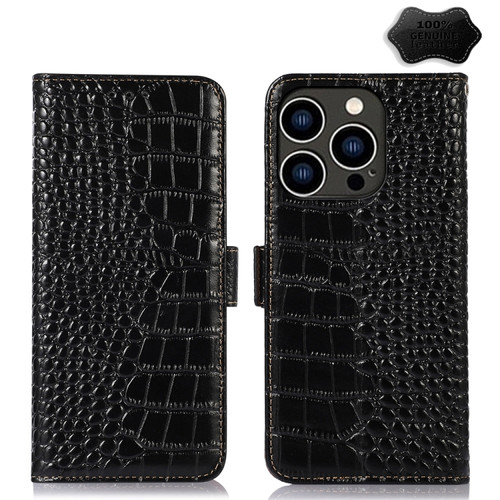 Crocodile Top Layer Cowhide Leather Phone Case for iPhone 15 Pro - Black