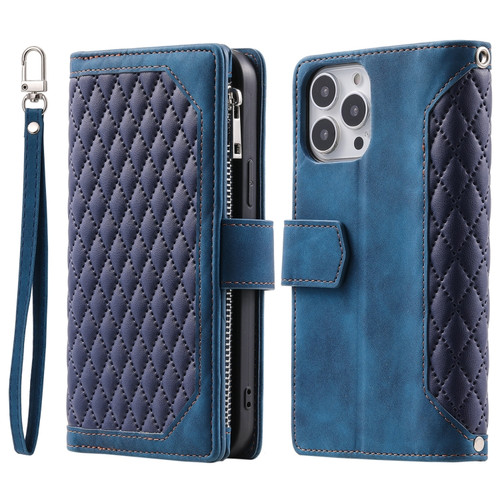 Grid Texture Zipper Leather Phone Case with Lanyard for iPhone 15 Pro - Blue