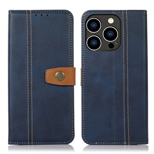 Stitching Thread Calf Texture Leather Phone Case for iPhone 15 Pro - Blue