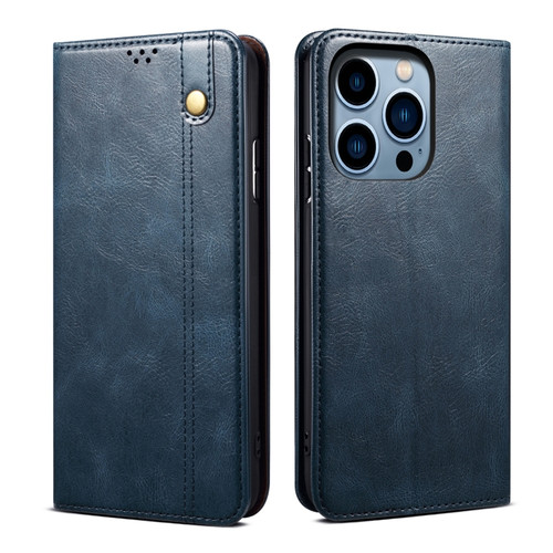 Oil Wax Crazy Horse Texture Leather Phone Case for iPhone 15 Pro - Blue