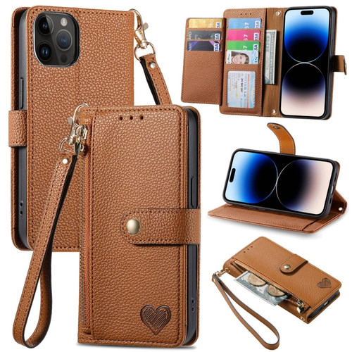 Love Zipper Lanyard Leather Phone Case for iPhone 15 Pro - Brown