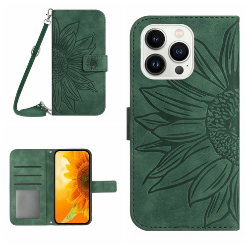 Skin Feel Sun Flower Embossed Flip Leather Phone Case with Lanyard for iPhone 15 Pro - Green