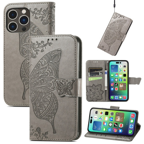 Butterfly Love Flower Embossed Leather Phone Case for iPhone 15 Pro - Gray