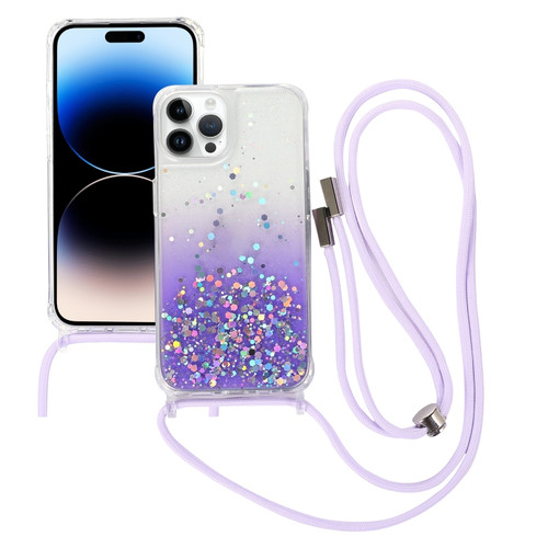 Gradient Glitter Epoxy TPU Thickened Acrylic Phone Case with Round Neck Lanyard for iPhone 15 Pro - Purple