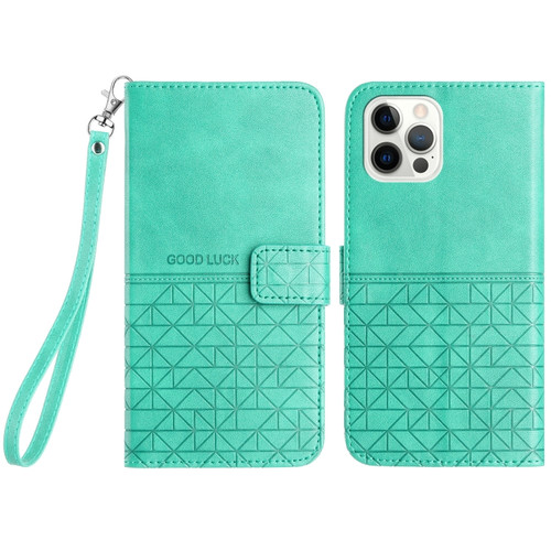 Rhombic Texture Leather Phone Case with Lanyard for iPhone 15 Pro - Green