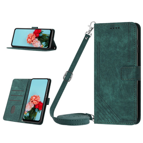 Skin Feel Stripe Pattern Leather Phone Case with Lanyard for iPhone 15 Pro - Green