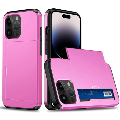 Shockproof Armor Phone Case with Slide Card Slot for iPhone 15 Pro - Pink