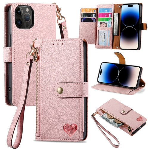 Love Zipper Lanyard Leather Phone Case for iPhone 15 Pro - Pink