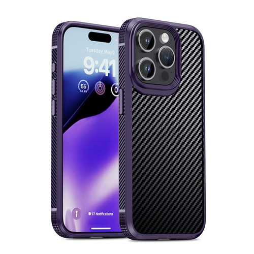 iPAKY MG Series Carbon Fiber PC + TPU Protective Phone Case for iPhone 15 Pro - Purple