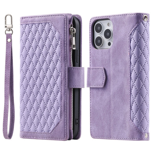 Grid Texture Zipper Leather Phone Case with Lanyard for iPhone 15 Pro - Purple