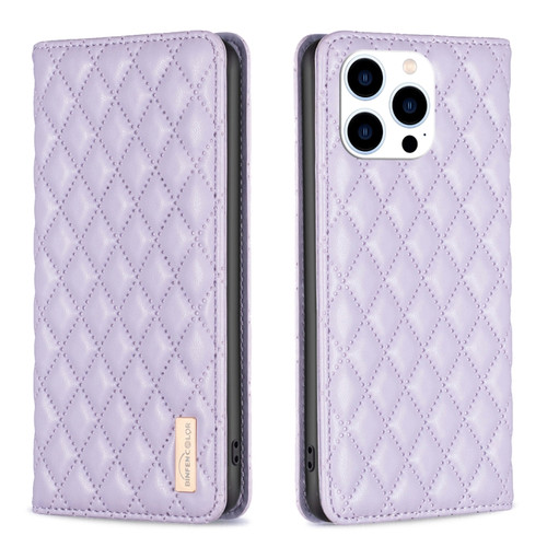 Diamond Lattice Magnetic Leather Flip Phone Case for iPhone 15 Pro - Purple