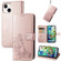 Four-leaf Clasp Embossed Buckle Leather Phone Case for iPhone 15 - Rose Gold